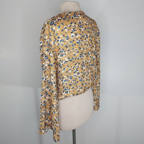 Sadie & Sage Blouse Women Medium Camel Brown Blue Boho Plunge V Neck Flare - Picture 4 of 12